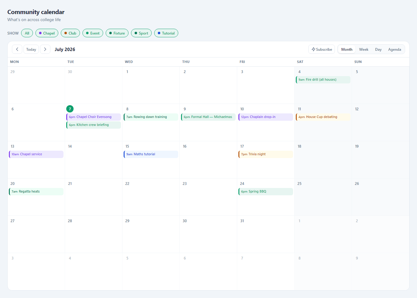 The month calendar of college events